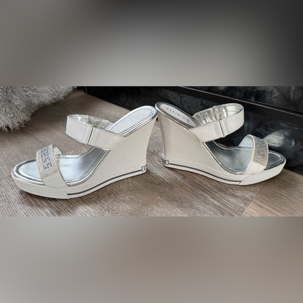 GUESS Silver Metallic Slide Sandals with Rhinestone Strap - Picture 2 of 6